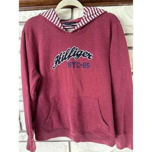 Tommy Hilfiger Women's Large Burgundy Graphic Spellout Hoodie Y2K 90s